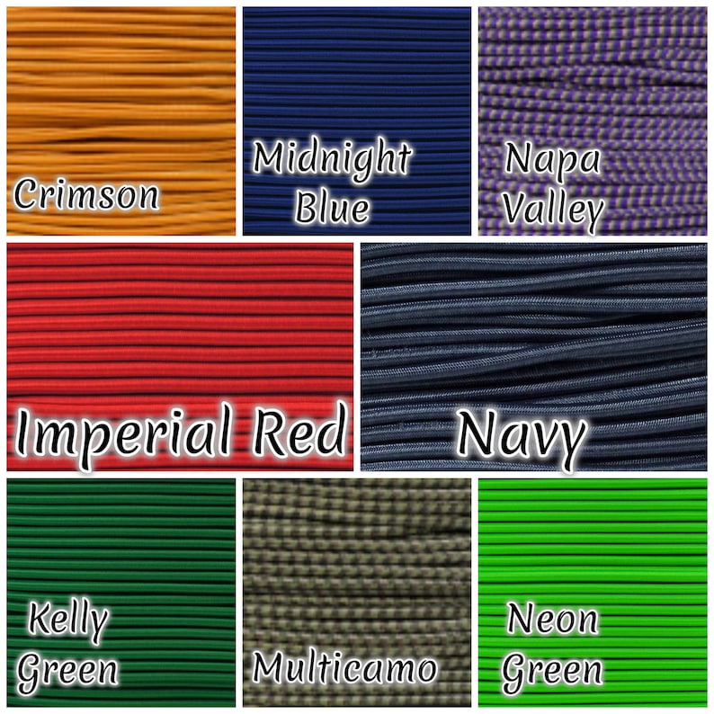 Op de afbeelding: Een collage van negen verschillende kleuren paracord, waaronder Crimson, Midnight Blue, Napa Valley, Imperial Red, Navy, Kelly Green, Multicamo, Neon Green.