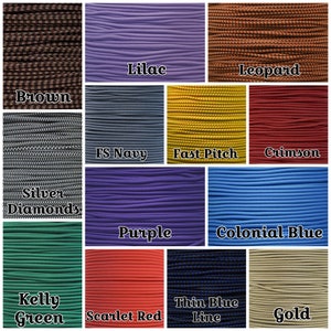 May include: A collage of 12 different colours of paracord, including brown, lilac, leopard, FS Navy, Fast Pitch, crimson, silver diamonds, purple, colonial blue, Kelly green, thin blue line, and gold.