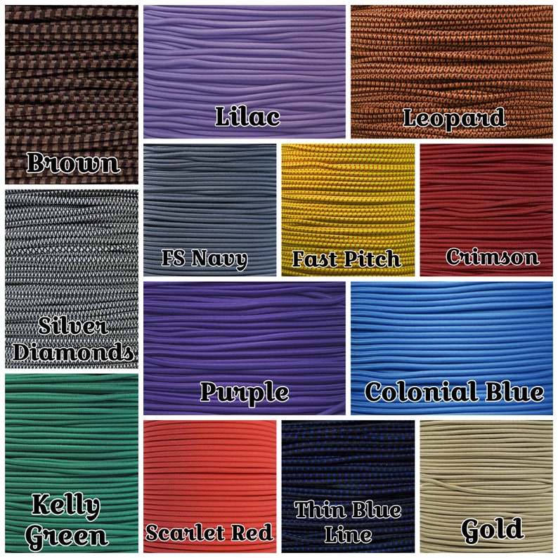 May include: A collage of 12 different colours of paracord, including brown, lilac, leopard, FS Navy, Fast Pitch, crimson, silver diamonds, purple, colonial blue, Kelly green, thin blue line, and gold.