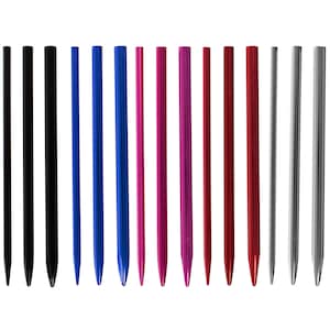 May include: A set of 16 knitting needles in various colors, including black, blue, pink, red, and silver. The needles are made of metal and have pointed tips.