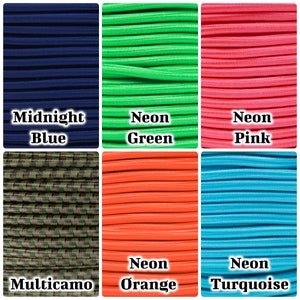 May include: Six spools of elastic cord in different colors: midnight blue, neon green, neon pink, multicam, neon orange, and neon turquoise.