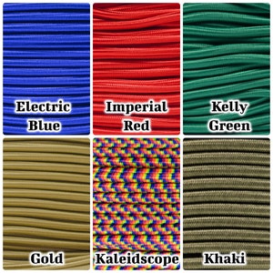 May include: Six different colors of elastic cord, including Electric Blue, Imperial Red, Kelly Green, Gold, Kaleidoscope, and Khaki.