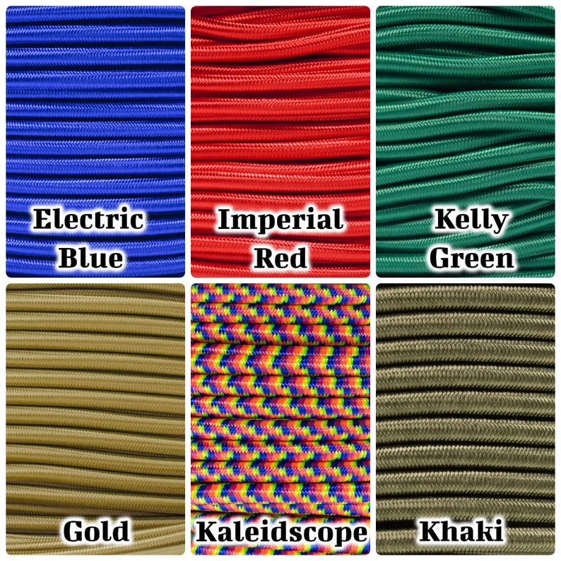 May include: Six different colors of elastic cord, including Electric Blue, Imperial Red, Kelly Green, Gold, Kaleidoscope, and Khaki.