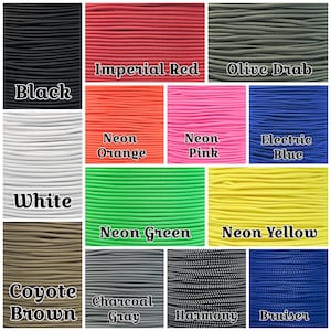 May include: A colour chart of 12 different colours of elastic cord. The colours are: black, imperial red, olive drab, neon orange, neon pink, electric blue, white, neon green, neon yellow, coyote brown, charcoal grey, harmony, and bruised.