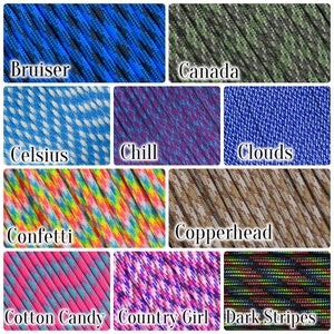 May include: A collection of paracord samples in various colors and patterns. The samples include "Bruiser", "Canada", "Celsius", "Chill", "Clouds", "Confetti", "Copperhead", "Cotton Candy", "Country Girl", and "Dark Stripes", each with its name displayed.