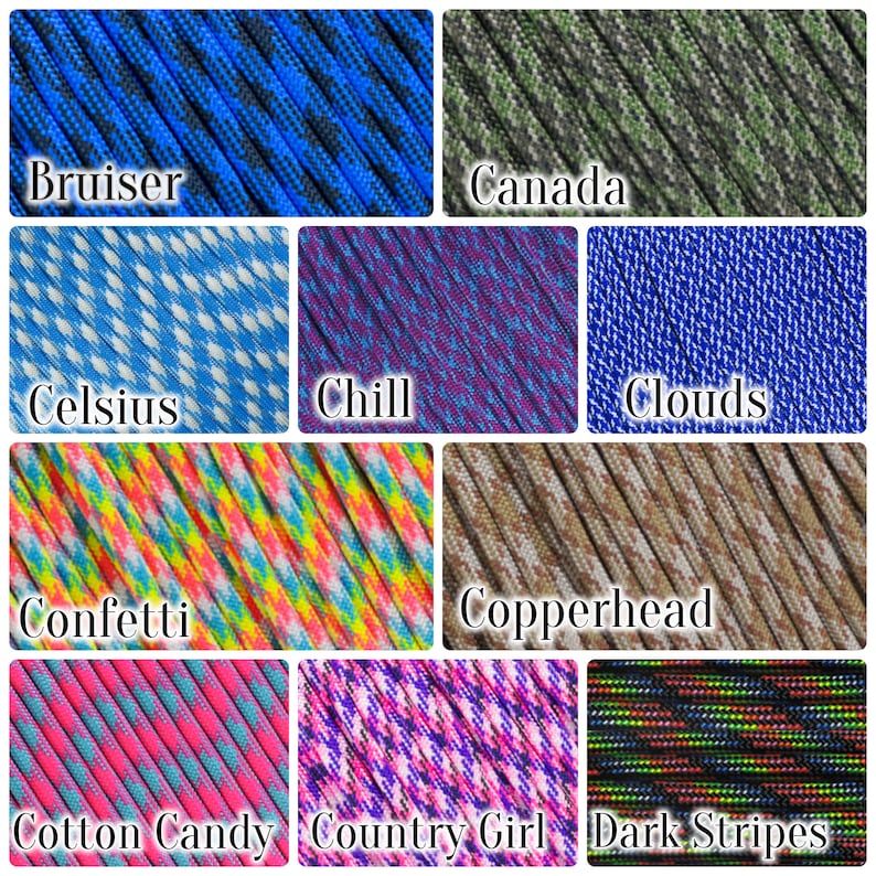 May include: A collection of paracord samples in various colors and patterns. The samples include "Bruiser", "Canada", "Celsius", "Chill", "Clouds", "Confetti", "Copperhead", "Cotton Candy", "Country Girl", and "Dark Stripes", each with its name displayed.