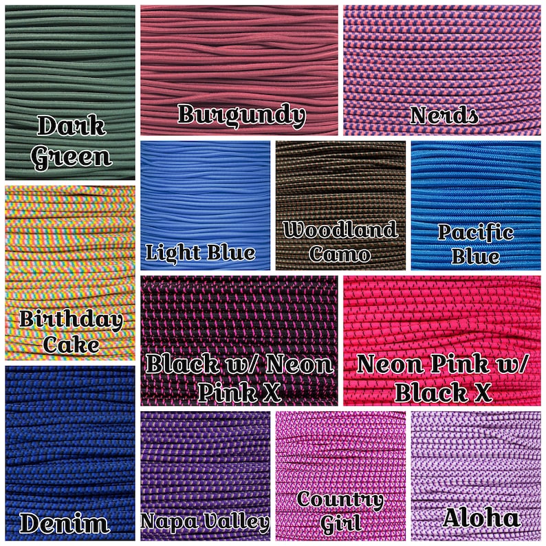 May include: A collection of 12 different colours of paracord, including dark green, burgundy, nerds, light blue, woodland camo, pacific blue, birthday cake, black with neon pink x, neon pink with black x, denim, napa valley, country girl, and aloha.