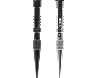 May include: Two silver tactical pens with a black clip and a pointed tip. The pens have a textured grip and the text "THIS IS NOT A TOY" is engraved on the side.