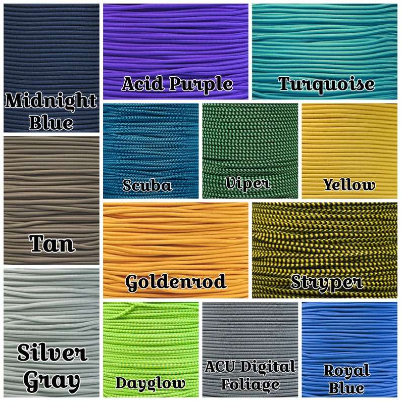 May include: A collage of 12 different colours of paracord, including midnight blue, acid purple, turquoise, scuba, viper, yellow, tan, goldenrod, stryper, silver grey, dayglow, and royal blue.