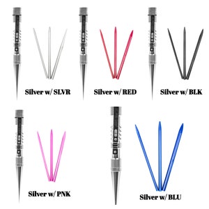 May include: Five different colored sets of sewing needles with a silver needle holder. The needles are silver, red, black, pink, and blue.