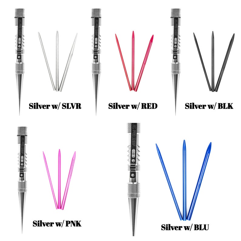 May include: Five different colored sets of sewing needles with a silver needle holder. The needles are silver, red, black, pink, and blue.