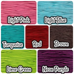 May include: A collection of colorful elastic cords in various colors, including light pink, light blue, turquoise, red, brown, lime green, and neon purple.