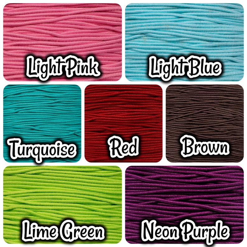 May include: A collection of colorful elastic cords in various colors, including light pink, light blue, turquoise, red, brown, lime green, and neon purple.