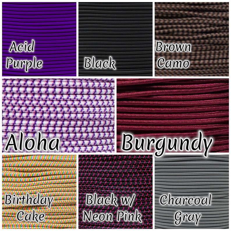 Op de afbeelding: Een collage van negen verschillende kleuren elastiek, waaronder zuurpaars, zwart, bruin camouflage, aloha, bordeauxrood, verjaardagstaart, zwart met neonroze, antracietgrijs.