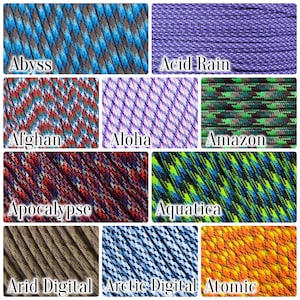 May include: A collection of paracord samples in various colors and patterns. The samples include Abyss, Acid Rain, Afghan, Aloha, Amazon, Apocalypse, Aquatica, Arid Digital, Arctic Digital, and Atomic. Each sample has a unique color scheme and design.