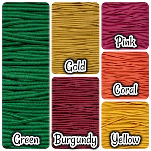 May include: Assortment of colorful elastic cord in green, gold, pink, coral, burgundy, and yellow. The elastic cord is perfect for crafting projects.