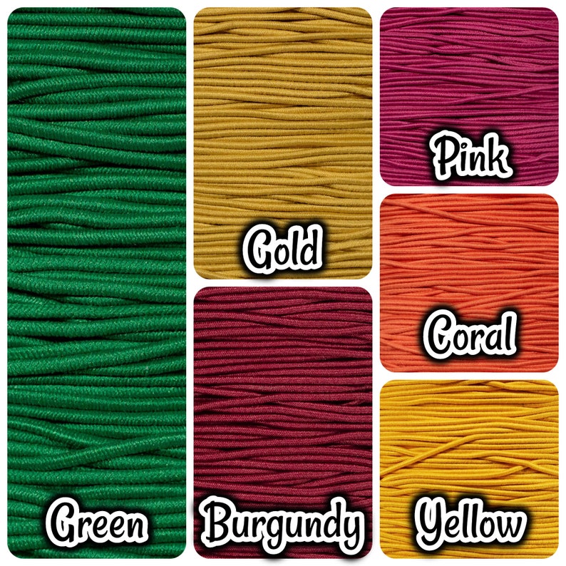 May include: Assortment of colorful elastic cord in green, gold, pink, coral, burgundy, and yellow. The elastic cord is perfect for crafting projects.