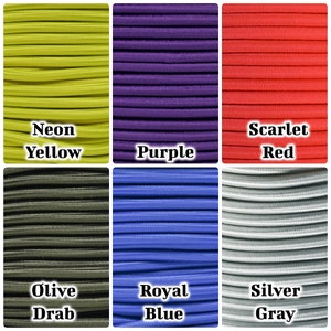 May include: Six spools of elastic cord in different colors: neon yellow, purple, scarlet red, olive drab, royal blue, and silver gray.