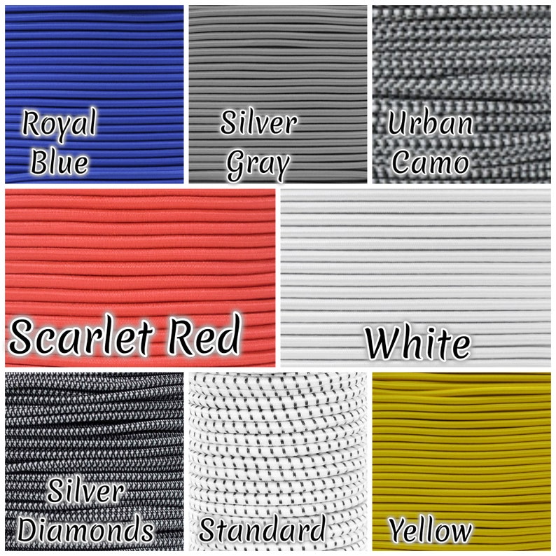 Op de afbeelding: Een assortiment van elastische koorden in verschillende kleuren en patronen, waaronder koninklijk blauw, zilvergrijs, urban camo, scharlakenrood, wit, zilveren diamanten, standaard en geel.