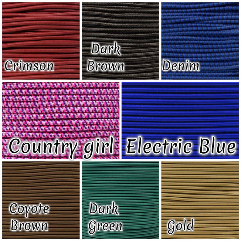 Op de afbeelding: Een collage van tien verschillende kleuren paracord, waaronder crimson, donkerbruin, denim, country girl, electric blue, coyote brown, donkergroen en goud.