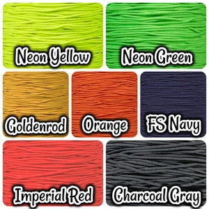 May include: A close-up of ten spools of elastic cord in various colors, including neon yellow, neon green, goldenrod, orange, FS Navy, imperial red, and charcoal gray.