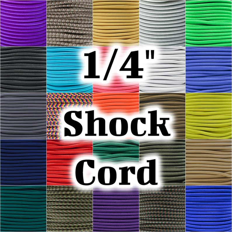 May include: A variety of 1/4 inch shock cord in different colors and patterns.  The shock cord is a type of elastic cord that is often used for crafts, repairs, and other projects.