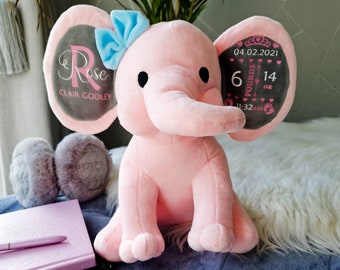 Personalised new baby gift, newborn announcement, plush elephant keepsake, birth stats, christening gift, first birthday gift.