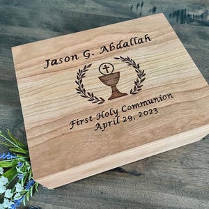 Personalized First Holy Communion Keepsake Box: Wood Burned Catholic Memory Chest, Baptism Gift