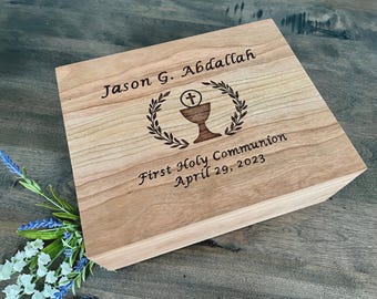 Personalized First Holy Communion Keepsake Box: Wood Burned Catholic Memory Chest, Baptism Gift