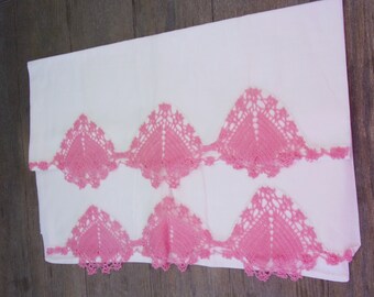 Vintage Pillowcases,  Pink Hand Crocheted Edging