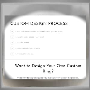 Op de afbeelding: Een zwart-witte afbeelding met de tekst "Custom Design Process" en een lijst van vijf stappen: Customer Liaison and Information Gathering Stage, Quoting and Order Placement, Design Phase, Minor Additions/Changes en Production Phase. De afbeelding bevat ook de tekst "Want to Design Your Own Custom Ring?" en "We're here to help and guide you through every step of the process."