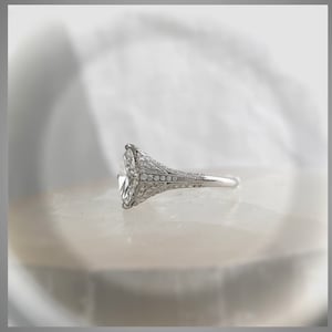 Pu&ograve; includere: Un anello di fidanzamento in argento con un grande diamante di forma ovale incastonato in un design delicato e intricato. L'anello &egrave; posto su una superficie bianca.