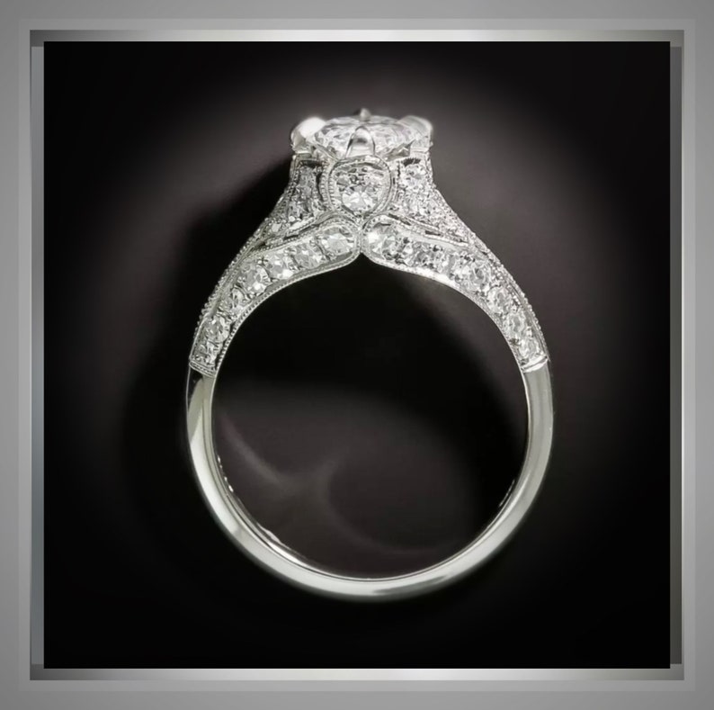 Pu&ograve; includere: Un anello di fidanzamento in argento con un grande diamante rotondo centrale e diamanti pi&ugrave; piccoli incastonati in un design delicato e intricato.