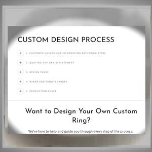 K&ouml;nnte beinhalten: Eine wei&szlig;e Grafik zeigt den "INDIVIDUELLEN DESIGNPROZESS" mit Schritten wie Kundenbetreuung, Design und Produktion. Der Text "M&ouml;chten Sie Ihren eigenen individuellen Ring entwerfen?" ist ebenfalls enthalten.