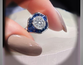 1.50 Cushion Cut Diamond and Sapphire Antique  Vintage Style  Ring Platinum *** By Chelsea Leigh and Company
