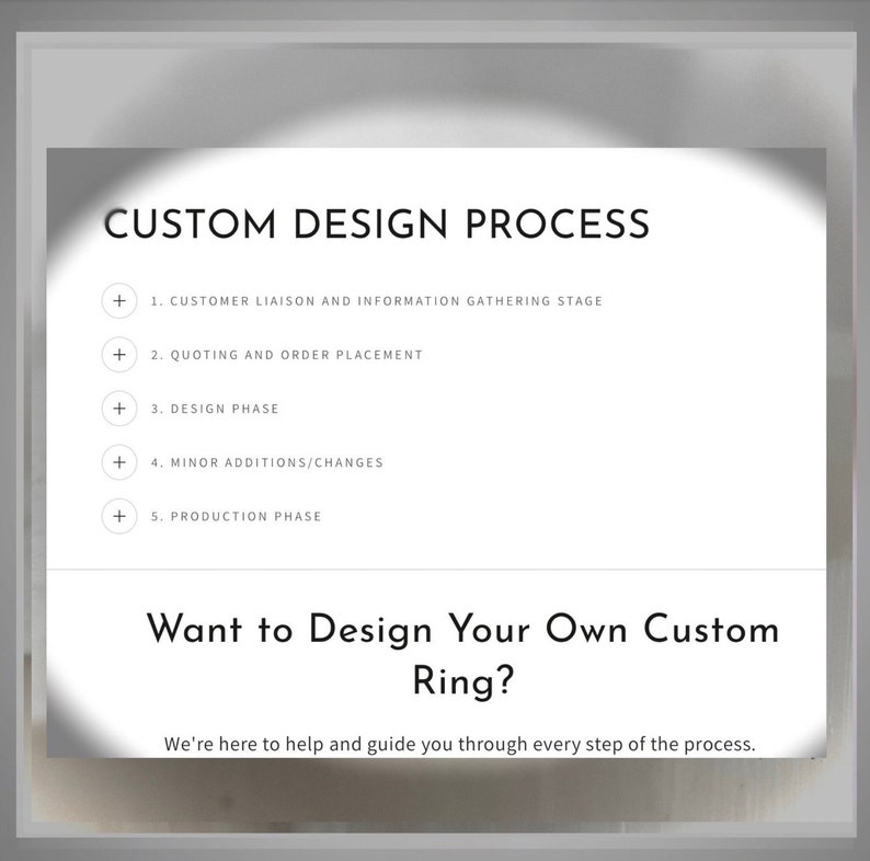 May include: A graphic with the text "Custom Design Process" and a list of five steps: Customer Liaison and Information Gathering Stage, Quoting and Order Placement, Design Phase, Minor Additions/Changes, and Production Phase. The graphic also includes the text "Want to Design Your Own Custom Ring?" and "We're here to help and guide you through every step of the process."