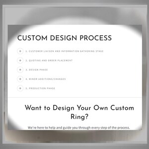 May include: A white graphic with black text outlining the custom design process for a ring. The steps include customer liaison, quoting, design, minor additions, and production. The text below reads "Want to Design Your Own Custom Ring? We're here to help and guide you through every step of the process."