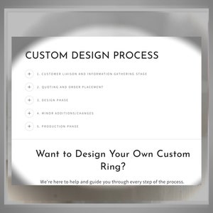 May include: A white graphic with black text outlining the steps of a custom design process. The text reads: "CUSTOM DESIGN PROCESS" and lists the steps: "1. CUSTOMER LIAISON AND INFORMATION GATHERING STAGE", "2. QUOTING AND ORDER PLACEMENT", "3. DESIGN PHASE", "4. MINOR ADDITIONS/CHANGES", "5. PRODUCTION PHASE". Below the list, the text reads: "Want to Design Your Own Custom Ring? We're here to help and guide you through every step of the process."
