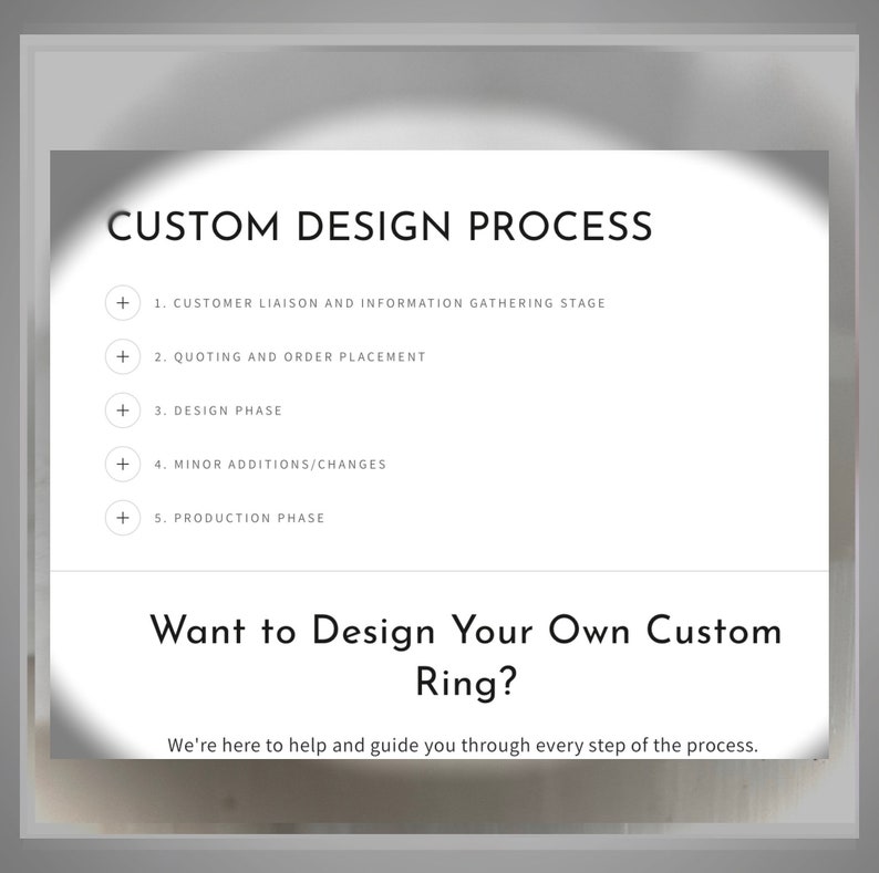 May include: A white graphic with black text outlining the steps of a custom design process. The text reads: "CUSTOM DESIGN PROCESS" and lists the steps: "1. CUSTOMER LIAISON AND INFORMATION GATHERING STAGE", "2. QUOTING AND ORDER PLACEMENT", "3. DESIGN PHASE", "4. MINOR ADDITIONS/CHANGES", "5. PRODUCTION PHASE". Below the list, the text reads: "Want to Design Your Own Custom Ring? We're here to help and guide you through every step of the process."