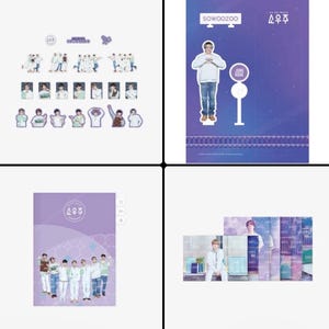 May include: A collection of BTS Sowoozoo merchandise including a sticker sheet with various group and individual member poses, a purple acrylic standee of Jungkook, a purple booklet featuring the group, and a set of rectangular photo cards.