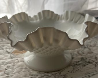 Vintage Fenton Milk Glass Hobnail Large Compote Serving Bowl Ruffled Footed White
