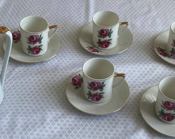 Vintage Antique Japanese Tea Set Pink Rose and Gold Trim Set for 6 with saucers