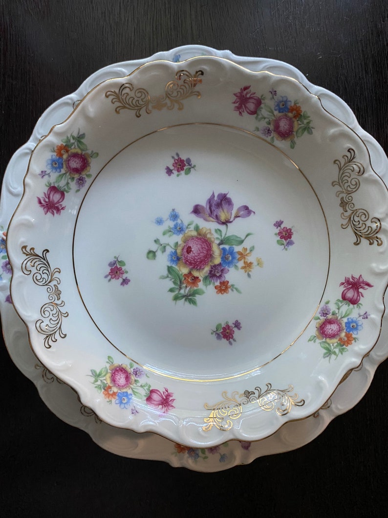 Rare Bavaria China Set of Dishes for 2 Made in Germany Dresden Floral, Scrolls, Gold Trim Pink