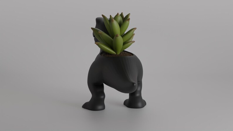 May include: A black, stylized planter shaped like a figure, with legs and a rounded body. The planter holds a green succulent plant. The overall design is modern and minimalist, suitable for home decor.