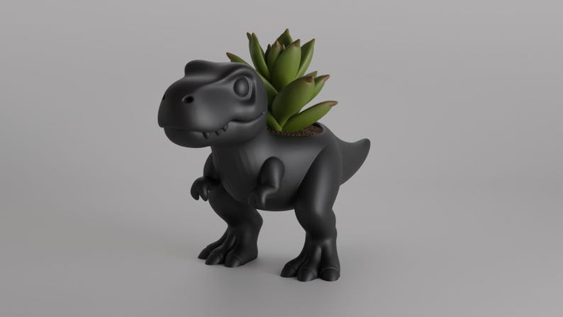May include: A black dinosaur-shaped planter with a succulent plant. The planter is a stylized Tyrannosaurus Rex with a hollowed-out back to hold the plant. The succulent has green leaves. The planter is made of a matte material.