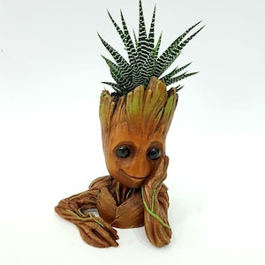 Puede incluir: Un macetero de cerámica marrón con forma del personaje Groot de la serie de películas Guardianes de la Galaxia. El macetero tiene una planta suculenta verde que crece en la parte superior de su cabeza. El macetero está sentado sobre una superficie blanca.