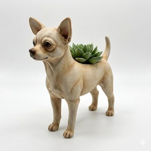 Puede incluir: Una maceta beige con forma de chihuahua con una planta suculenta verde. La maceta para perros tiene detalles y está de pie sobre cuatro patas. La suculenta está plantada en la espalda del perro. Un artículo decorativo para el hogar o el jardín.