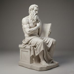 Puede incluir: Estatua de mármol blanco de un hombre sentado y musculoso con barba larga, sosteniendo un libro. La escultura está sobre un pedestal y el hombre está cubierto de tela. Tema clásico e histórico.