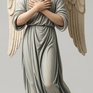 Puede incluir: Una figura de ángel de pie con cabello castaño claro rizado, vistiendo una túnica larga y fluida de color azul grisáceo pálido. La figura tiene grandes alas de plumas color crema extendidas y las manos cruzadas sobre el pecho.