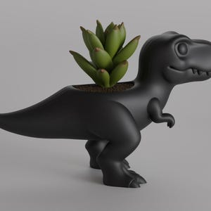 May include: A black dinosaur-shaped planter with a green succulent plant. The planter is a stylized Tyrannosaurus Rex with a smiling expression. The plant is potted in soil within the dinosaur's back.